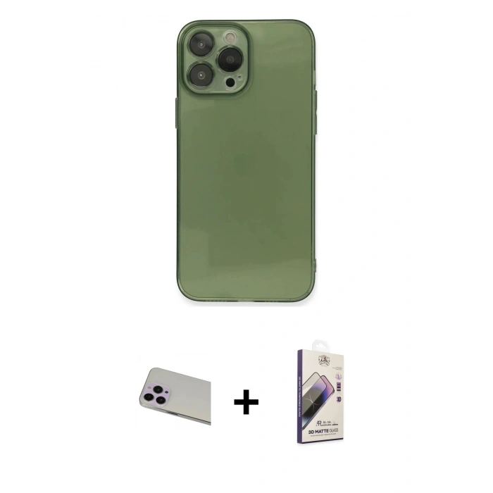 MARSİLYAN™- iPhone 13 Pro Max Kılıf Ahenk Doku - Siyah Bilvis 3D Mat Cam Ekran Koruyucu + Rainbow Kamera Lens Koruma Cam - MR