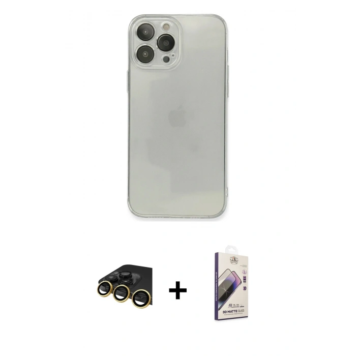 MARSİLYAN™- iPhone 13 Pro Max Kılıf Ahenk Doku - Siyah Bilvis 3D Mat Cam Ekran Koruyucu + Raze Metal Kamera Lens - GD