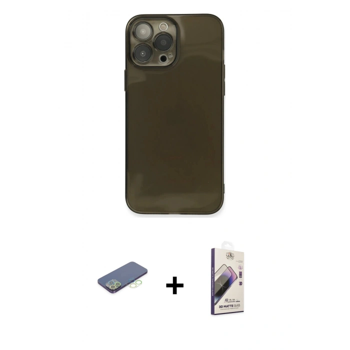 MARSİLYAN™- iPhone 13 Pro Max Kılıf Ahenk Doku - Siyah Bilvis 3D Mat Cam Ekran Koruyucu + Renkli Kamera Lens Koruma Cam - YL