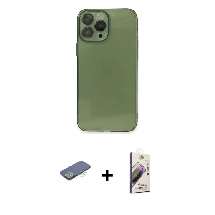 MARSİLYAN™- iPhone 13 Pro Max Kılıf Ahenk Doku - Siyah Bilvis 3D Mat Cam Ekran Koruyucu + Renkli Kamera Lens Koruma Cam - YL