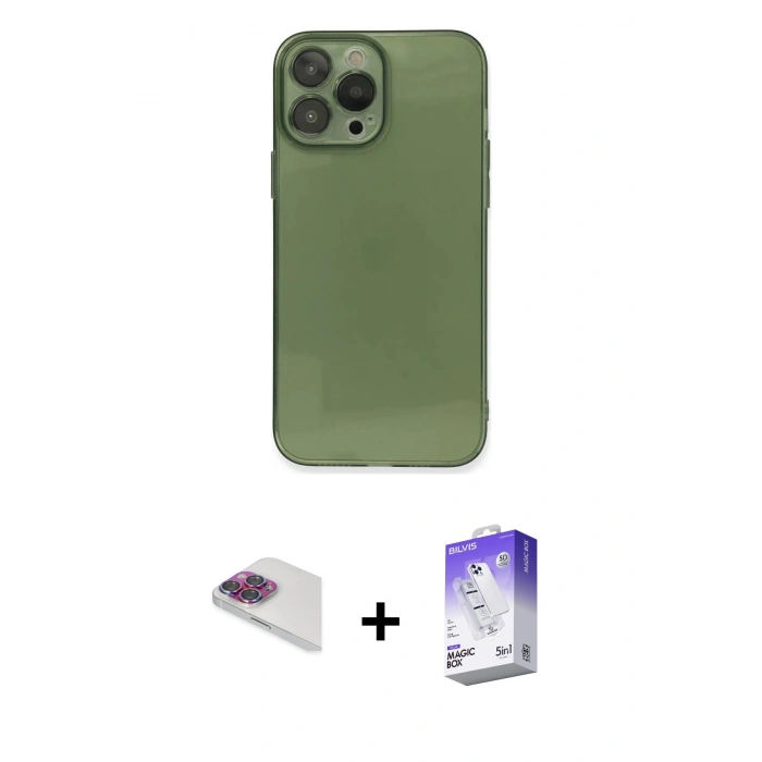 MARSİLYAN™- iPhone 13 Pro Max Kılıf Ahenk Doku - Siyah Bilvis 5in1 3D Magic Cam Ekran Koruyucu + Pers Alüminyum Kamera Lens - GI
