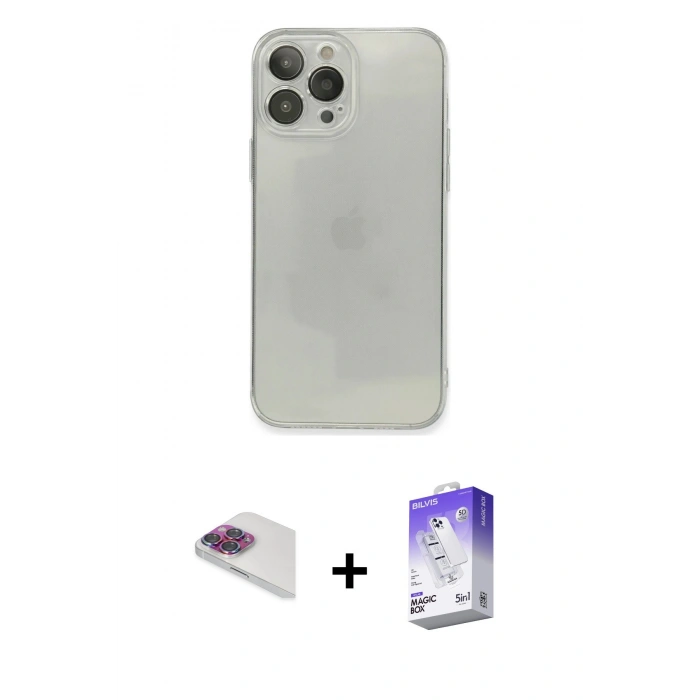 MARSİLYAN™- iPhone 13 Pro Max Kılıf Ahenk Doku - Siyah Bilvis 5in1 3D Magic Cam Ekran Koruyucu + Pers Alüminyum Kamera Lens - GI