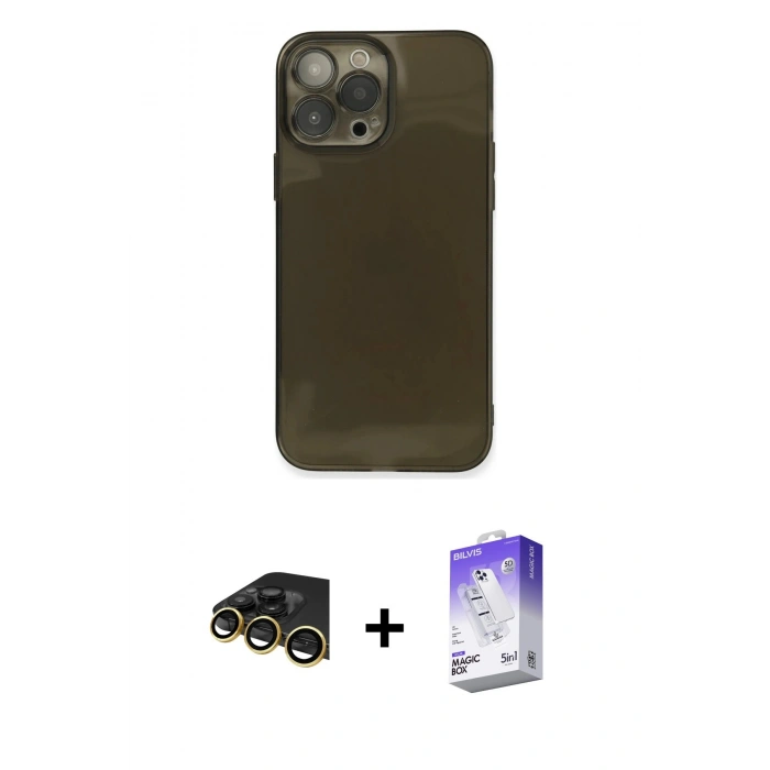 MARSİLYAN™- iPhone 13 Pro Max Kılıf Ahenk Doku - Siyah Bilvis 5in1 3D Magic Cam Ekran Koruyucu + Raze Metal Kamera Lens - GD