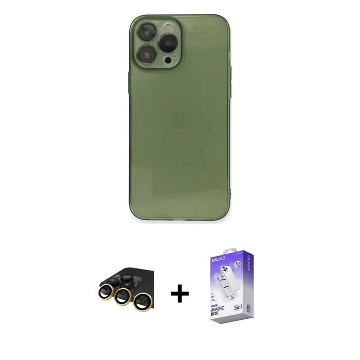 MARSİLYAN™- iPhone 13 Pro Max Kılıf Ahenk Doku - Siyah Bilvis 5in1 3D Magic Cam Ekran Koruyucu + Raze Metal Kamera Lens - GD