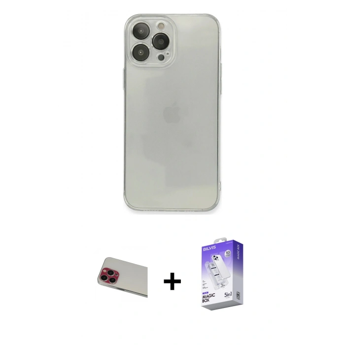 MARSİLYAN™- iPhone 13 Pro Max Kılıf Ahenk Doku - Siyah Bilvis 5in1 3D Magic Cam Ekran Koruyucu + Rainbow Kamera Lens Koruma Cam - KI