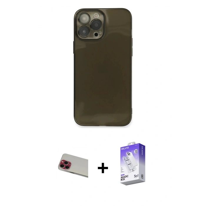 MARSİLYAN™- iPhone 13 Pro Max Kılıf Ahenk Doku - Siyah Bilvis 5in1 3D Magic Cam Ekran Koruyucu + Rainbow Kamera Lens Koruma Cam - KI