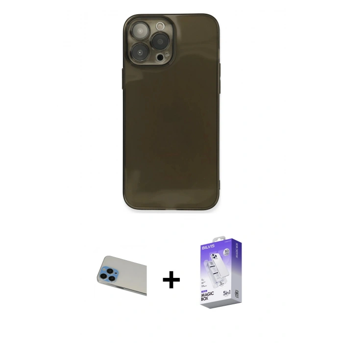 MARSİLYAN™- iPhone 13 Pro Max Kılıf Ahenk Doku - Siyah Bilvis 5in1 3D Magic Cam Ekran Koruyucu + Rainbow Kamera Lens Koruma Cam - MI