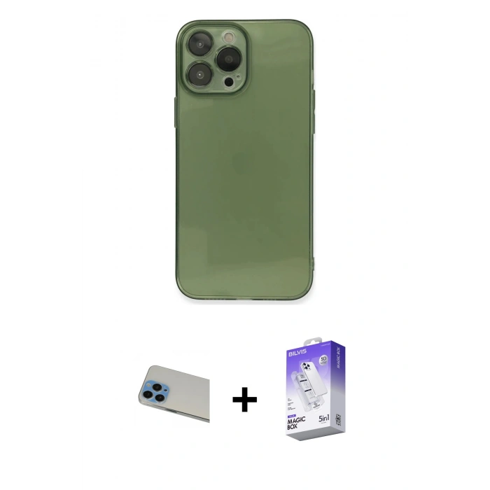 MARSİLYAN™- iPhone 13 Pro Max Kılıf Ahenk Doku - Siyah Bilvis 5in1 3D Magic Cam Ekran Koruyucu + Rainbow Kamera Lens Koruma Cam - MI