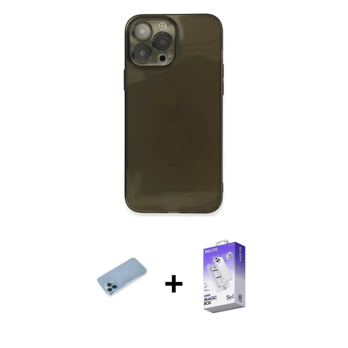 MARSİLYAN™- iPhone 13 Pro Max Kılıf Ahenk Doku - Siyah Bilvis 5in1 3D Magic Cam Ekran Koruyucu + Shine Kamera Lens Koruma Cam - MI