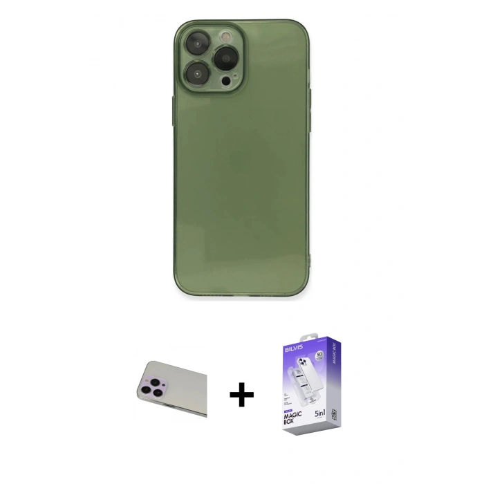 MARSİLYAN™- iPhone 13 Pro Max Kılıf Ahenk Doku - Siyah Bilvis 5in1 3D Magic Cam Ekran Koruyucu + Rainbow Kamera Lens Koruma Cam - MR