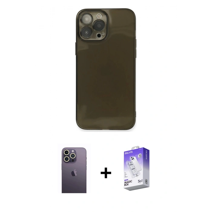 MARSİLYAN™- iPhone 13 Pro Max Kılıf Ahenk Doku - Siyah Bilvis 5in1 3D Magic Cam Ekran Koruyucu + Neon Fosforlu Kamera Lens - BZ