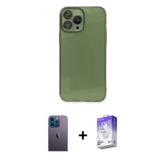 MARSİLYAN™- iPhone 13 Pro Max Kılıf Ahenk Doku - Siyah Bilvis 5in1 3D Magic Cam Ekran Koruyucu + Neon Fosforlu Kamera Lens - MI