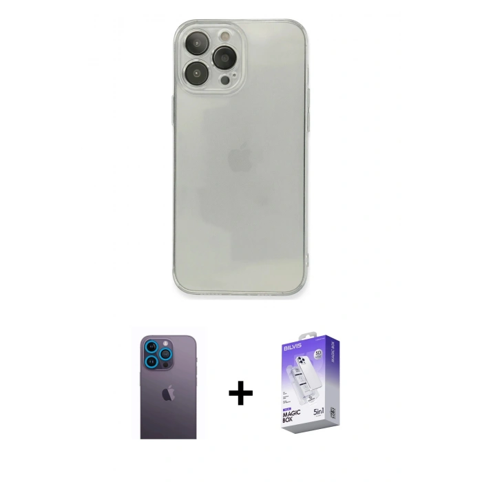 MARSİLYAN™- iPhone 13 Pro Max Kılıf Ahenk Doku - Siyah Bilvis 5in1 3D Magic Cam Ekran Koruyucu + Neon Fosforlu Kamera Lens - MI