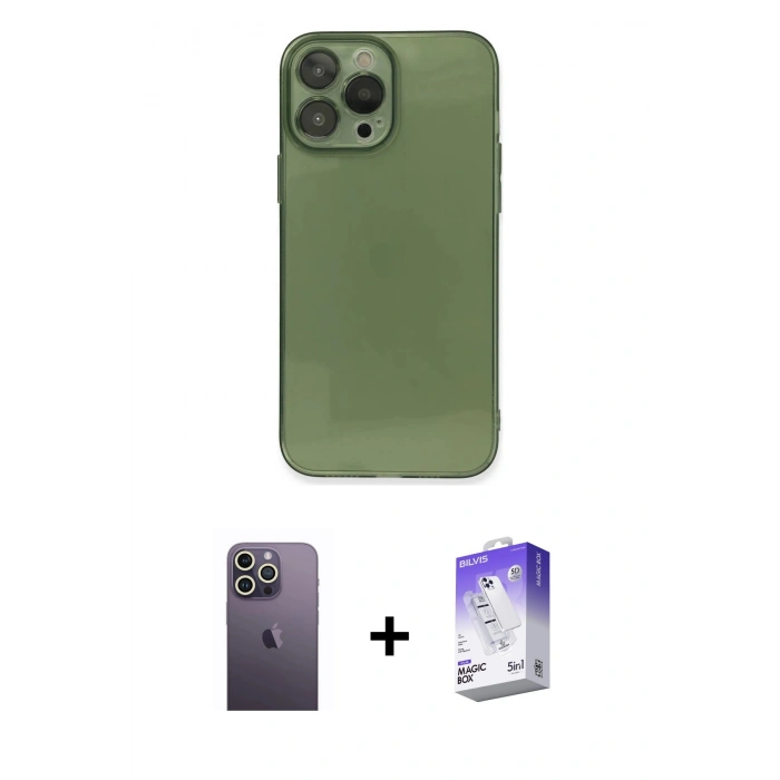 MARSİLYAN™- iPhone 13 Pro Max Kılıf Ahenk Doku - Siyah Bilvis 5in1 3D Magic Cam Ekran Koruyucu + Neon Fosforlu Kamera Lens - BZ