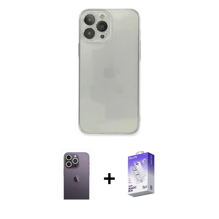 MARSİLYAN™- iPhone 13 Pro Max Kılıf Ahenk Doku - Siyah Bilvis 5in1 3D Magic Cam Ekran Koruyucu + Neon Fosforlu Kamera Lens - BZ