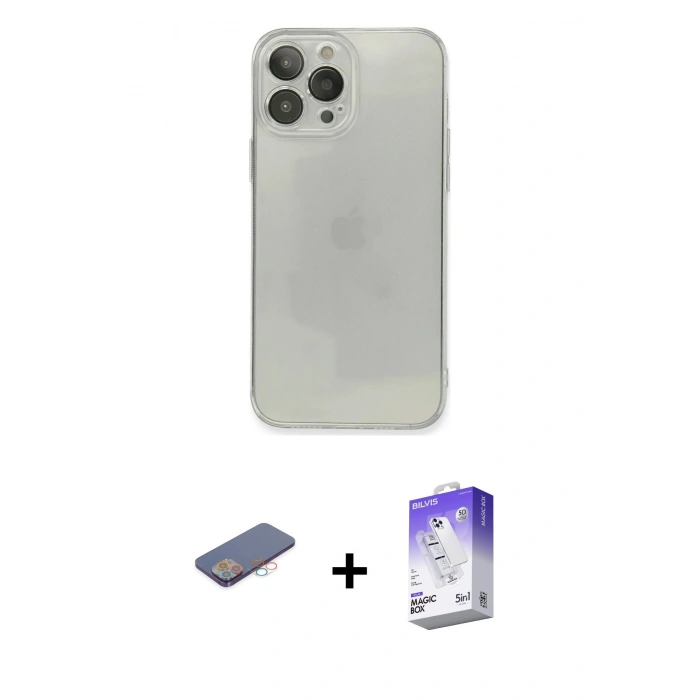 MARSİLYAN™- iPhone 13 Pro Max Kılıf Ahenk Doku - Siyah Bilvis 5in1 3D Magic Cam Ekran Koruyucu + Pembe Renkli Kamera Lens Koruma Cam