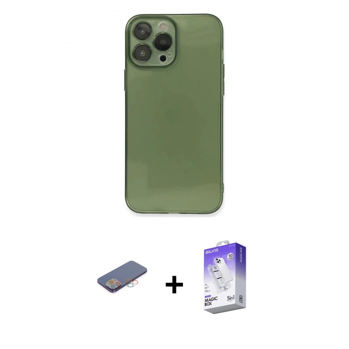 MARSİLYAN™- iPhone 13 Pro Max Kılıf Ahenk Doku - Siyah Bilvis 5in1 3D Magic Cam Ekran Koruyucu + Pembe Renkli Kamera Lens Koruma Cam