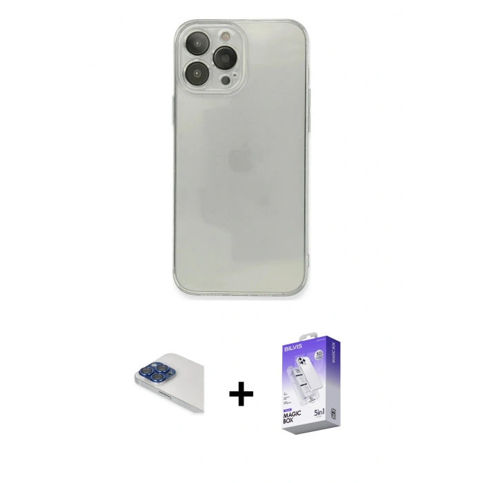 MARSİLYAN™- iPhone 13 Pro Max Kılıf Ahenk Doku - Siyah Bilvis 5in1 3D Magic Cam Ekran Koruyucu + Pers Alüminyum Kamera Lens - LT