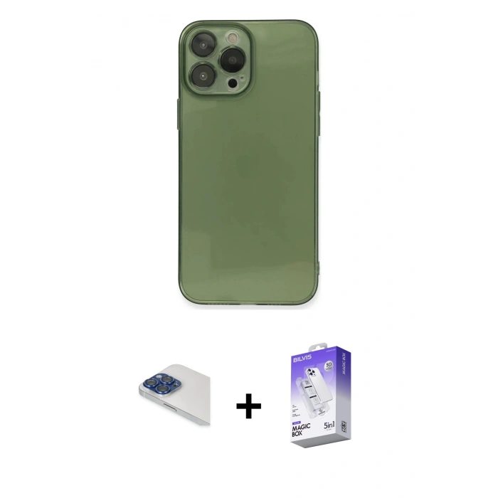 MARSİLYAN™- iPhone 13 Pro Max Kılıf Ahenk Doku - Siyah Bilvis 5in1 3D Magic Cam Ekran Koruyucu + Pers Alüminyum Kamera Lens - LT