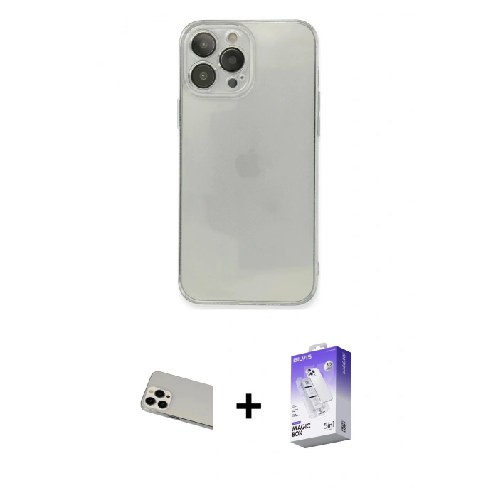 MARSİLYAN™- iPhone 13 Pro Max Kılıf Ahenk Doku - Siyah Bilvis 5in1 3D Magic Cam Ekran Koruyucu + Rainbow Kamera Lens Koruma Cam - BZ