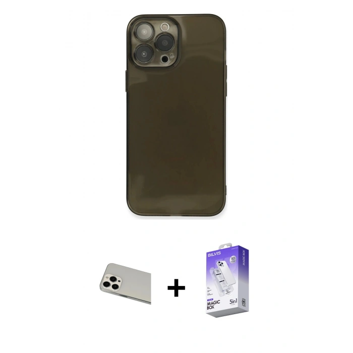 MARSİLYAN™- iPhone 13 Pro Max Kılıf Ahenk Doku - Siyah Bilvis 5in1 3D Magic Cam Ekran Koruyucu + Rainbow Kamera Lens Koruma Cam - BZ