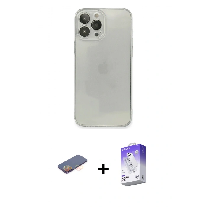 MARSİLYAN™- iPhone 13 Pro Max Kılıf Ahenk Doku - Siyah Bilvis 5in1 3D Magic Cam Ekran Koruyucu + Renkli Kamera Lens Koruma Cam - TU