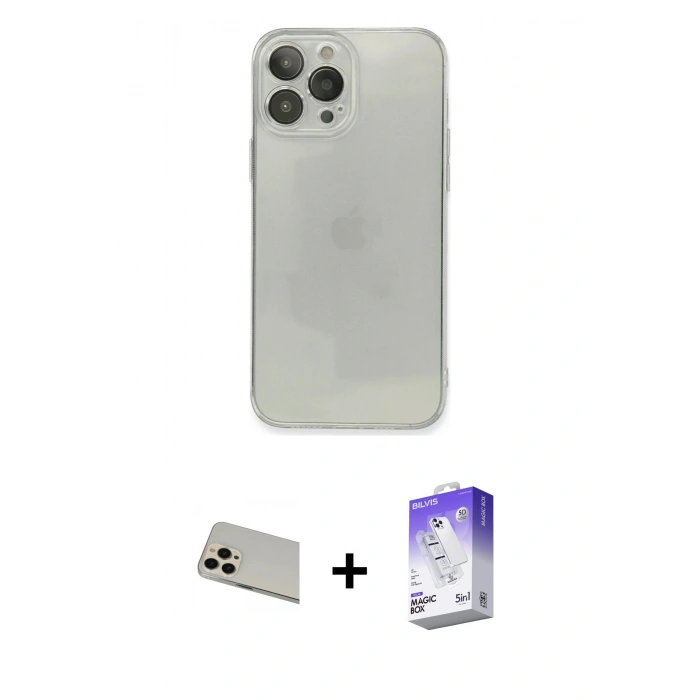 MARSİLYAN™- iPhone 13 Pro Max Kılıf Ahenk Doku - Siyah Bilvis 5in1 3D Magic Cam Ekran Koruyucu + Rainbow Kamera Lens Koruma Cam - REGD