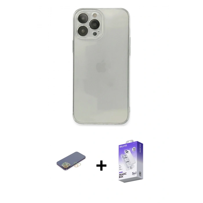 MARSİLYAN™- iPhone 13 Pro Max Kılıf Ahenk Doku - Siyah Bilvis 5in1 3D Magic Cam Ekran Koruyucu + Renkli Kamera Lens Koruma Cam - SI