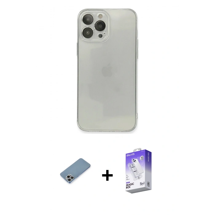 MARSİLYAN™- iPhone 13 Pro Max Kılıf Ahenk Doku - Siyah Bilvis 5in1 3D Magic Cam Ekran Koruyucu + Shine Kamera Lens Koruma Cam - GI
