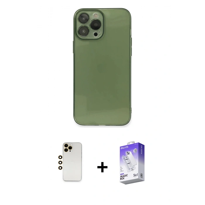 MARSİLYAN™- iPhone 13 Pro Max Kılıf Ahenk Doku - Siyah Bilvis 5in1 3D Magic Cam Ekran Koruyucu + Shine Kamera Lens - GD