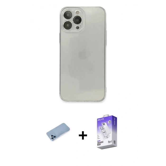 MARSİLYAN™- iPhone 13 Pro Max Kılıf Ahenk Doku - Siyah Bilvis 5in1 3D Magic Cam Ekran Koruyucu + Shine Kamera Lens Koruma Cam - MI