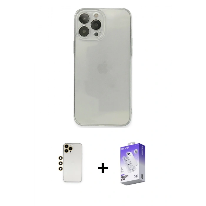 MARSİLYAN™- iPhone 13 Pro Max Kılıf Ahenk Doku - Siyah Bilvis 5in1 3D Magic Cam Ekran Koruyucu + Shine Kamera Lens - GD