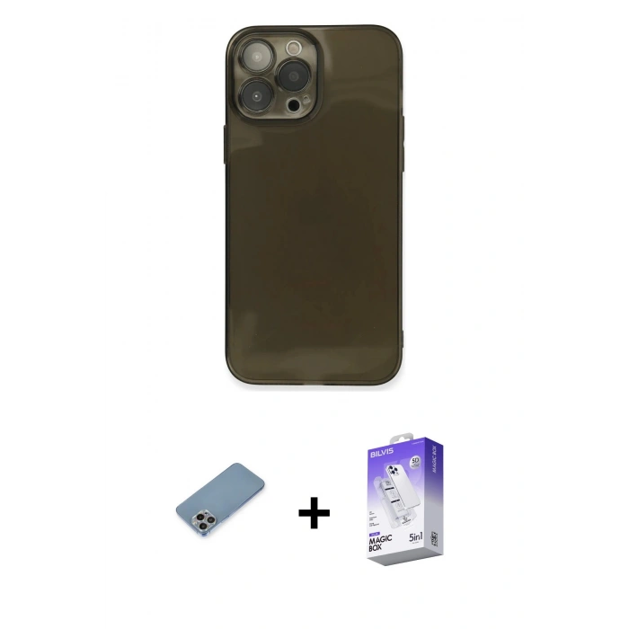 MARSİLYAN™- iPhone 13 Pro Max Kılıf Ahenk Doku - Siyah Bilvis 5in1 3D Magic Cam Ekran Koruyucu + Shine Kamera Lens Koruma Cam - GI