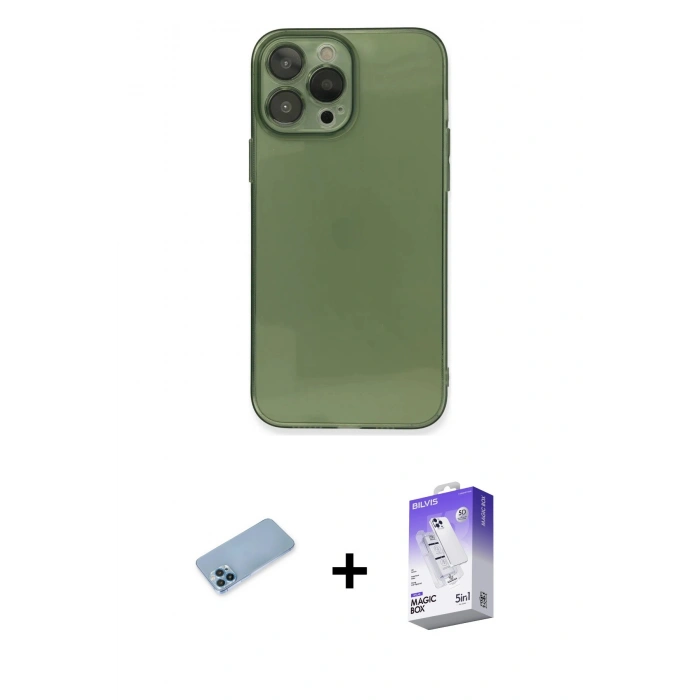 MARSİLYAN™- iPhone 13 Pro Max Kılıf Ahenk Doku - Siyah Bilvis 5in1 3D Magic Cam Ekran Koruyucu + Shine Kamera Lens Koruma Cam - MI