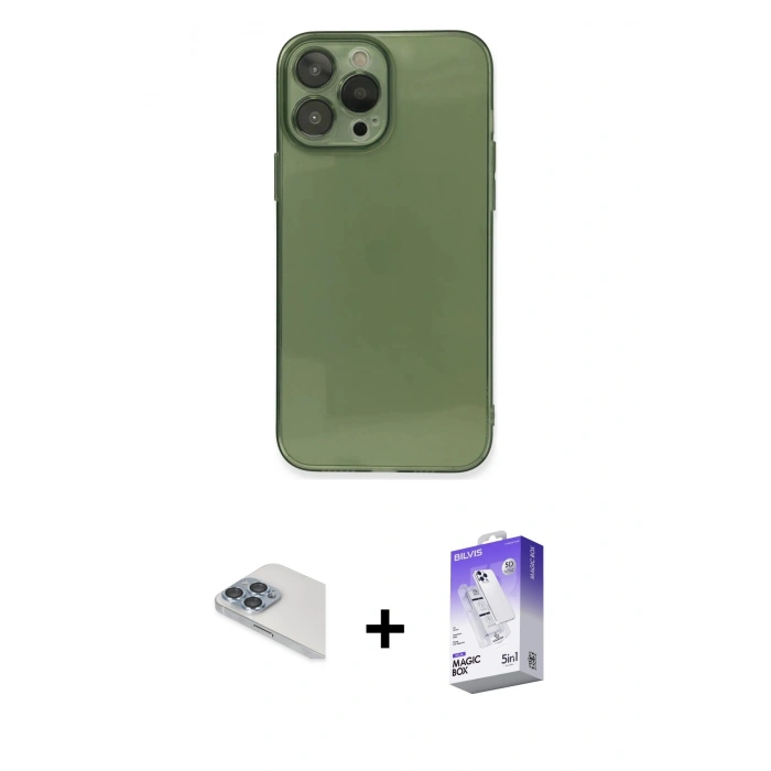 MARSİLYAN™- iPhone 13 Pro Max Kılıf Ahenk Doku - Siyah Bilvis 5in1 3D Magic Cam Ekran Koruyucu + Pers Alüminyum Kamera Lens - SABE