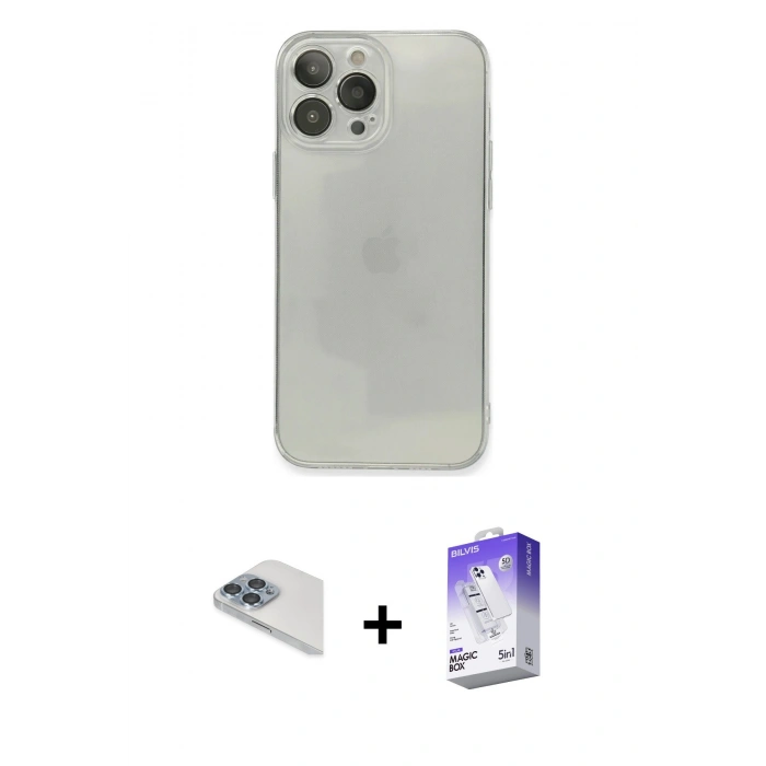 MARSİLYAN™- iPhone 13 Pro Max Kılıf Ahenk Doku - Siyah Bilvis 5in1 3D Magic Cam Ekran Koruyucu + Pers Alüminyum Kamera Lens - SABE