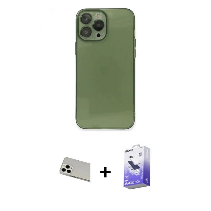 MARSİLYAN™- iPhone 13 Pro Max Kılıf Ahenk Doku - Siyah Bilvis 5in1 5D Magic Hayalet Cam Ekran Koruyucu + Beyaz Rainbow Kamera Lens Koruma Cam