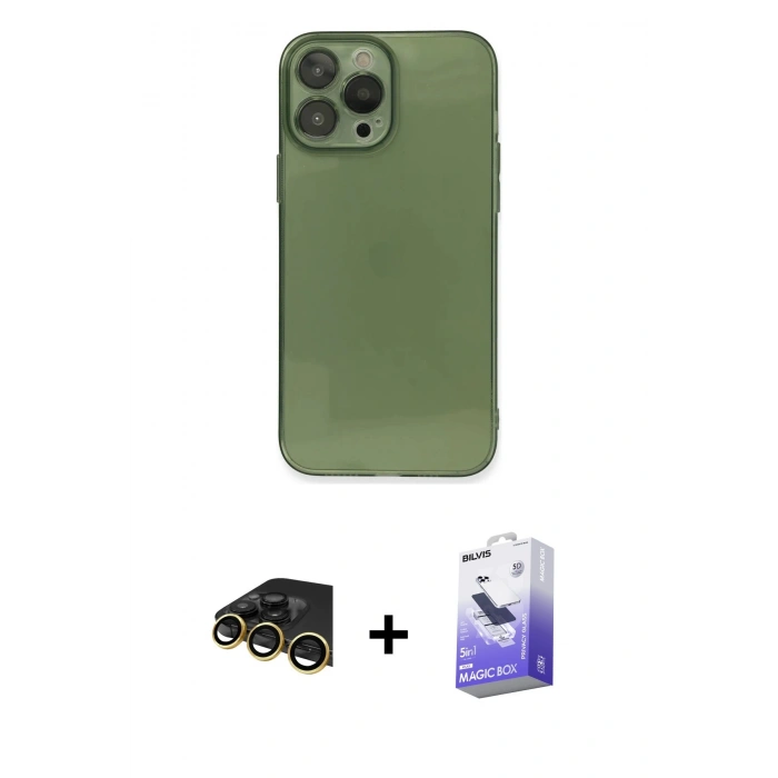 MARSİLYAN™- iPhone 13 Pro Max Kılıf Ahenk Doku - Siyah Bilvis 5in1 5D Magic Hayalet Cam Ekran Koruyucu + Raze Metal Kamera Lens - GD