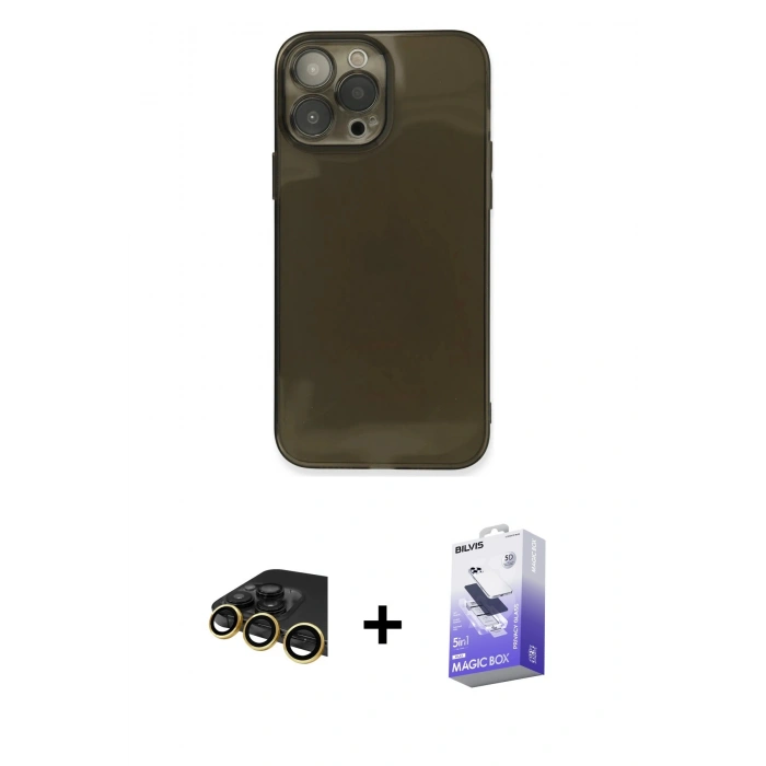 MARSİLYAN™- iPhone 13 Pro Max Kılıf Ahenk Doku - Siyah Bilvis 5in1 5D Magic Hayalet Cam Ekran Koruyucu + Raze Metal Kamera Lens - GD