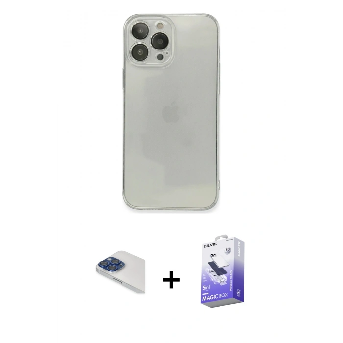 MARSİLYAN™- iPhone 13 Pro Max Kılıf Ahenk Doku - Siyah Bilvis 5in1 5D Magic Hayalet Cam Ekran Koruyucu + Pers Alüminyum Kamera Lens - LT