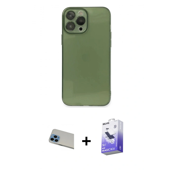 MARSİLYAN™- iPhone 13 Pro Max Kılıf Ahenk Doku - Siyah Bilvis 5in1 5D Magic Hayalet Cam Ekran Koruyucu + Rainbow Kamera Lens Koruma Cam - MI
