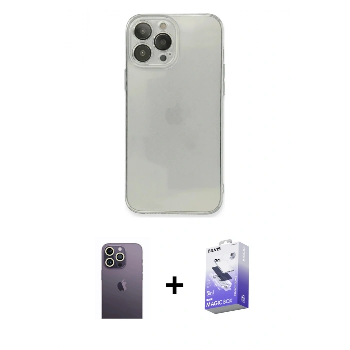 MARSİLYAN™- iPhone 13 Pro Max Kılıf Ahenk Doku - Siyah Bilvis 5in1 5D Magic Hayalet Cam Ekran Koruyucu + Neon Fosforlu Kamera Lens - BZ
