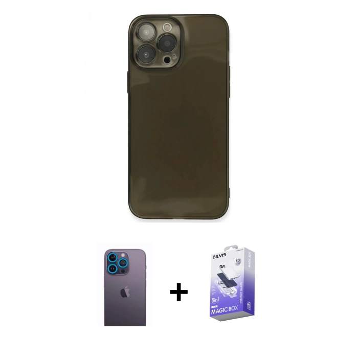 MARSİLYAN™- iPhone 13 Pro Max Kılıf Ahenk Doku - Siyah Bilvis 5in1 5D Magic Hayalet Cam Ekran Koruyucu + Neon Fosforlu Kamera Lens - MI