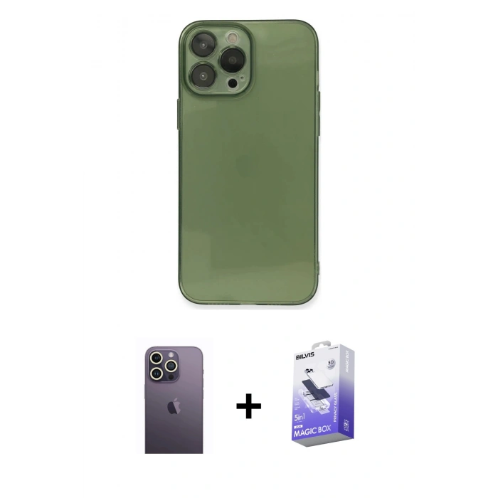 MARSİLYAN™- iPhone 13 Pro Max Kılıf Ahenk Doku - Siyah Bilvis 5in1 5D Magic Hayalet Cam Ekran Koruyucu + Neon Fosforlu Kamera Lens - BZ