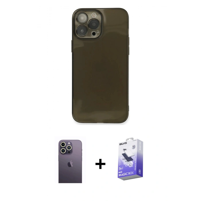 MARSİLYAN™- iPhone 13 Pro Max Kılıf Ahenk Doku - Siyah Bilvis 5in1 5D Magic Hayalet Cam Ekran Koruyucu + Neon Fosforlu Kamera Lens - BZ