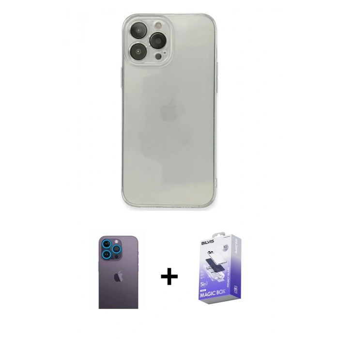 MARSİLYAN™- iPhone 13 Pro Max Kılıf Ahenk Doku - Siyah Bilvis 5in1 5D Magic Hayalet Cam Ekran Koruyucu + Neon Fosforlu Kamera Lens - MI
