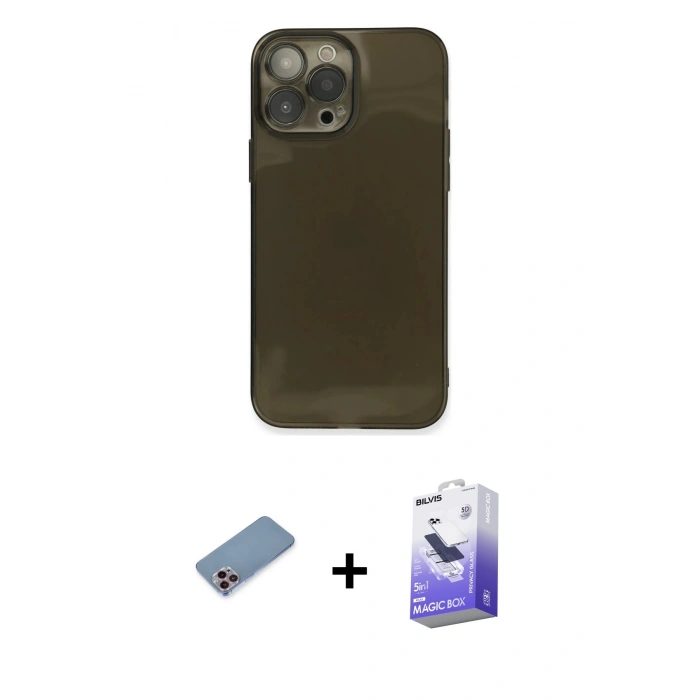 MARSİLYAN™- iPhone 13 Pro Max Kılıf Ahenk Doku - Siyah Bilvis 5in1 5D Magic Hayalet Cam Ekran Koruyucu + Shine Kamera Lens Koruma Cam - PE