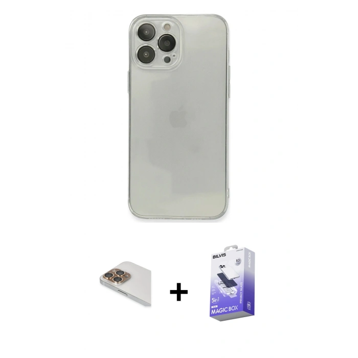 MARSİLYAN™- iPhone 13 Pro Max Kılıf Ahenk Doku - Siyah Bilvis 5in1 5D Magic Hayalet Cam Ekran Koruyucu + Pers Alüminyum Kamera Lens - GD