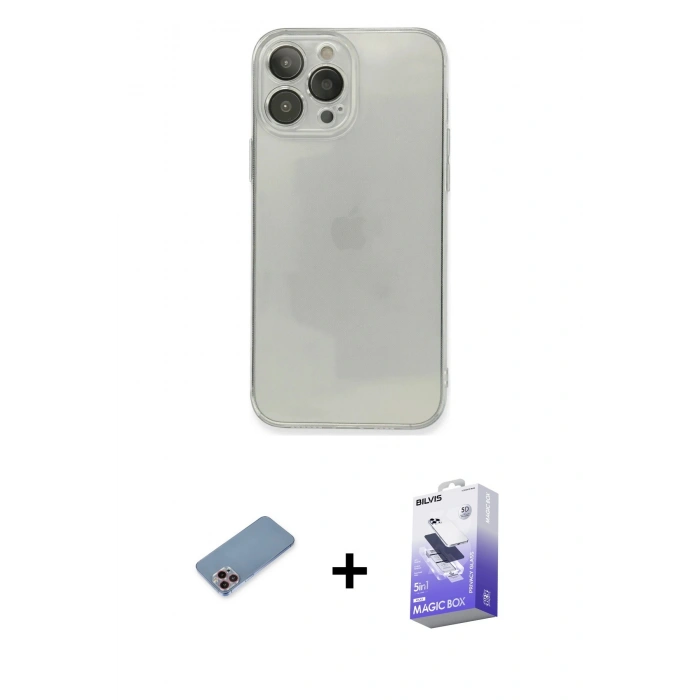 MARSİLYAN™- iPhone 13 Pro Max Kılıf Ahenk Doku - Siyah Bilvis 5in1 5D Magic Hayalet Cam Ekran Koruyucu + Shine Kamera Lens Koruma Cam - PE
