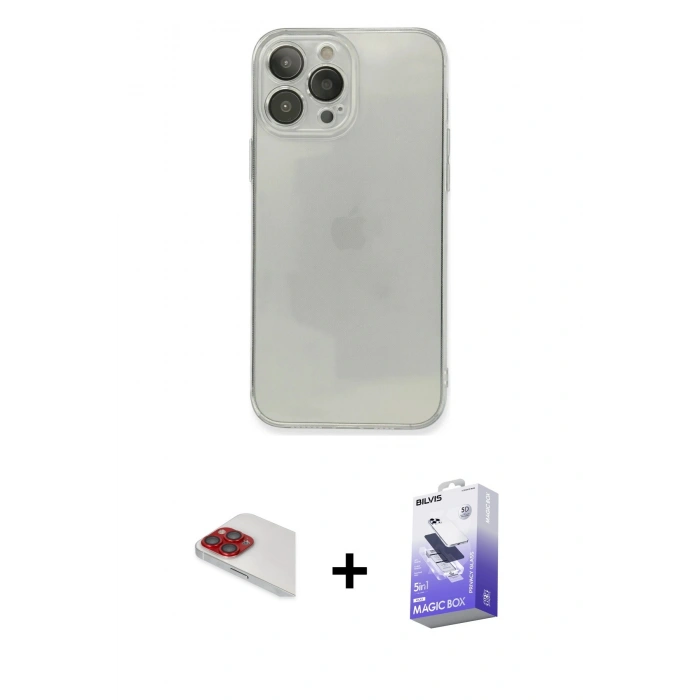 MARSİLYAN™- iPhone 13 Pro Max Kılıf Ahenk Doku - Siyah Bilvis 5in1 5D Magic Hayalet Cam Ekran Koruyucu + Pers Alüminyum Kamera Lens - KI